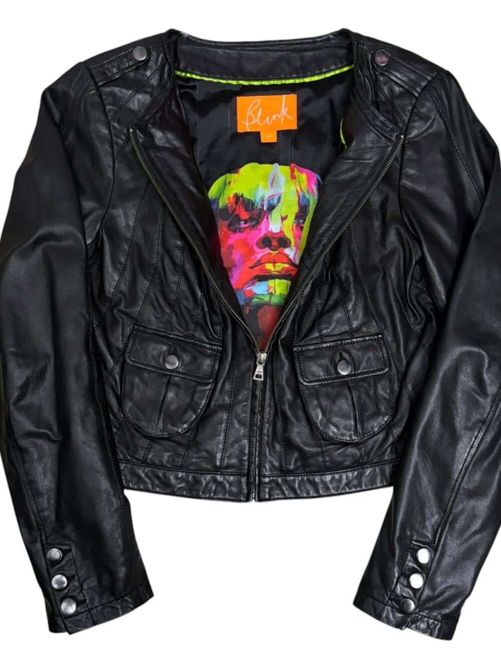 BLINK LEATHER Jacket Cropped Bomber Luxury Designer Black Coat Womens Medium